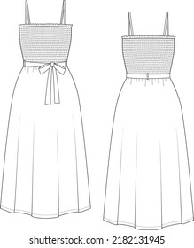 Women's Smocked Bodice Summer Dress Fashion Technical Flat CAD Illustration Vector