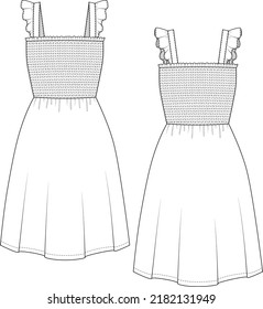 Women's Smocked Dress with Ruffle Straps Fashion Technical Flat CAD Illustration Vector