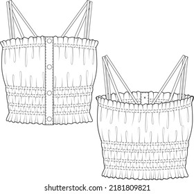 Women's Smocking Crop Top with Buttons Fashion Technical Flat CAD Illustration Vector
