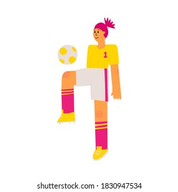 Women's soccer player in flat style. Female football team member kicks a ball with her knee. Active cheerful girl plays sport game.