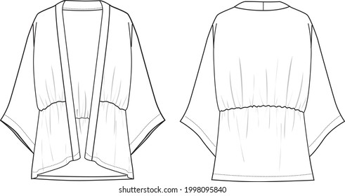 Women's Soft Chiffon Kimono. Jacket technical fashion illustration. Flat apparel jacket template front and back, white color. CAD mock-up. - Shutterstock ID 1998095840