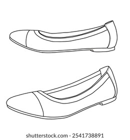 Mulheres Sole-Flex Ballerina Walking Ballet Flats Shoes Line art, Esboço técnico mão desenho contorno vetor doodle ilustração lado e 3D Isometric vista isolada sobre fundo branco