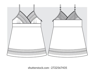 Alça de espaguete feminino superior com pregas costuradas decorativas no corpete e parte inferior, com um zíper lateral escondido. Esboço técnico. Ilustração vetorial