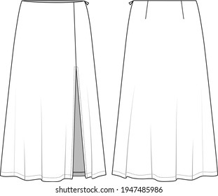 Women's Split Front Midi Skirt- Skirt technical fashion illustration. Flat apparel skirt template front and back, white color. Women's CAD mock-up.