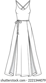 las mujeres se dividen en dos trappy maxi vestido plano boceto vectorial ilustración técnica plantilla de dibujo de cad