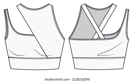 Womens Sport Bra Fashion Flat Template. Sports Wear Fashion Design Set. Girls Crop Top Fashion Drawing Template.