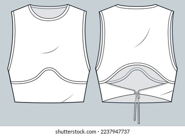 Women's Sport Bra technical fashion illustration. Crop Top fashion flat technical drawing template, cutout, front and back view, white color, CAD mockup.