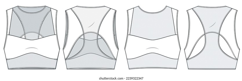 Women's Sport Bra technical fashion illustration. Mesh Top fashion flat technical drawing template, cutout, front and back view, white color, CAD mockup.