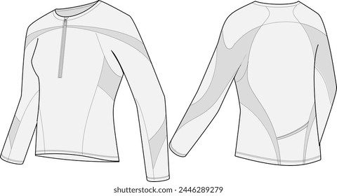 Women's sport half-zip long sleeve shirt technical fashion illustration vector design template with performance mesh panelling.