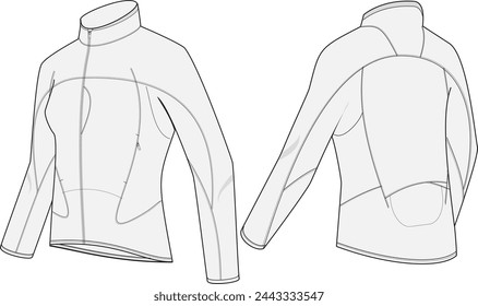 Women's sport jacket fashion illustration vector design template featuring anatomical panelling hoodless design with waterproof zip closure and a slim fit.