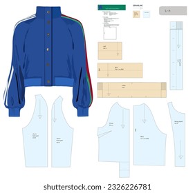 Women's sport jacket sewing pattern in sizes S-M. Includes front, back, waistband, raglan sleeves, collar, and cuffs. Slim fit with an elastic waistband and collar.