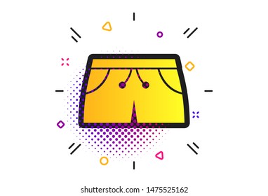 Women's sport shorts sign icon. Halftone dots pattern. Clothing symbol. Classic flat sport icon. Vector