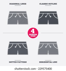 Women's sport shorts sign icon. Clothing symbol. Diagonal and horizontal lines, classic outline, dotted texture. Pattern design icons.  Vector