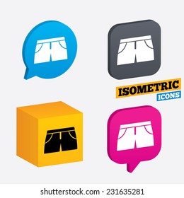 Women's sport shorts sign icon. Clothing symbol. Isometric speech bubbles and cube. Rotated icons with edges. Vector