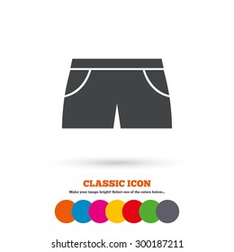Women's sport shorts sign icon. Clothing symbol. Classic flat icon. Colored circles. Vector