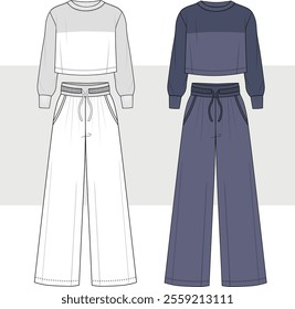 Women's sport suits, crop sweatshirt and wide pants, Set of vector drawings of sports suits. technical drawing flat sketch vector illustration template, cad mockup.