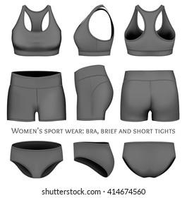 Women's sport wear: crop top (sport bra), short tights and briefs.  Fully editable handmade mesh. Vector illustration.