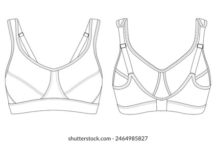 Womens Sport wrap Bra fashion flat sketch template. Sports wear fashion design set illustration . Front and back views