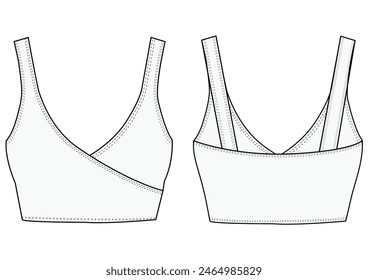 Womens Sport wrap Bra fashion flat sketch template. Sports wear fashion design set illustration . Front and back views