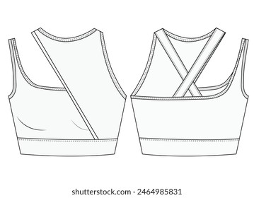 Womens Sport wrap Bra fashion flat sketch template. Sports wear fashion design set illustration . Front and back views