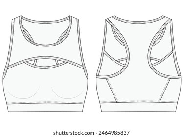 Womens Sport wrap Bra fashion flat sketch template. Sports wear fashion design set illustration . Front and back views