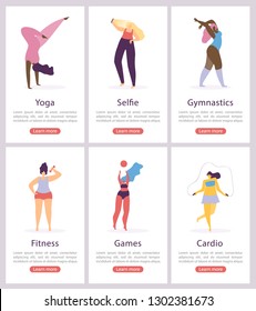 Womens Sports Classes Flat Vector Web Banners Set. Happy Lady Doing Physical Exercise, Dancing and Making Selfie Photo Illustration Isolated on White Background. Sport Club Landing Pages Collection