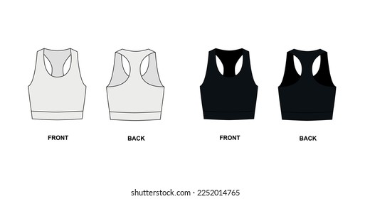 Women's sports cropped top front and back view vector template for design. Technical drawing of white and black sports jerseys. Sketch sports bra for swimming, diving, fitness, cycling, running, yoga