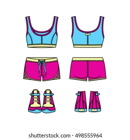 Women's sports suit and sneakers. Front and back views. Vector illustration. Isolated on white.
