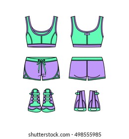 Women's sports suit and sneakers. Front and back views. Vector illustration. Isolated on white.

