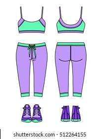 Women's sports suit and sneakers. Front and back views. Vector illustration. Isolated on white.