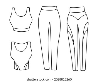 Women's sportswear. Bra top, leggings. For sports activities. Vector illustration hand-drawn by a contour. Doodle style.