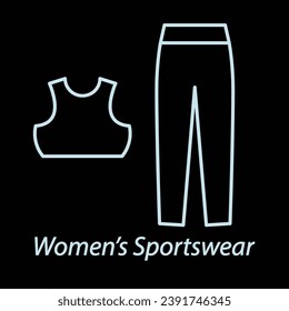 Women's sportswear outline icon flat vector isolated on black background. Gym icon. Workout supply. Fitness clothes. Sport element.