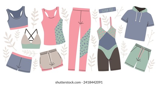 Womens sportswear, vector collection on white background. Illustration of sportswear garment, clothing style design fashion, active wear female