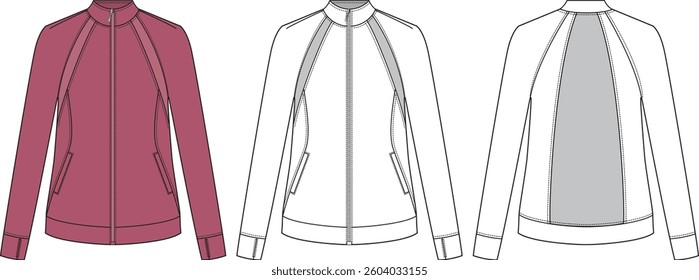 Women's Sporty Jacket, Fashion Flat Sketch Vector Illustration, CAD, Technical Drawing, Flat Drawing, Template, Mockup.	