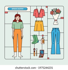 Women's Spring Fashion Full Set. Plastic model kit concept. flat design style minimal vector illustration.