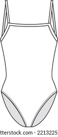 Traje de cuello cuadrado para mujeres. Ilustración técnica de moda Bodysuit. Funda plana de la plantilla de traje de cuerpo delantera y trasera. El CAD de las mujeres se burla.
