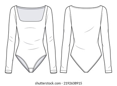 Women's square neckline Bodysuit fashion flat technical drawing template. Long Sleeved Bodysuit with square neckline technical fashion Illustration, front and back view, white, CAD mockup.