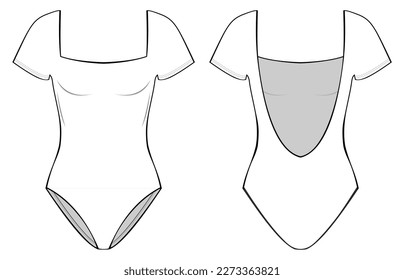 Bodysuit für Frauen quadratische Halskette mit flacher technischer Zeichenvorlage. Kurzer Sleeved Bodysuit mit Low-Back-Technischer Modeillustration, Front- und Rückansicht, weiß, CAD-Modell nach oben.