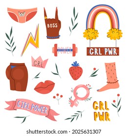 Womens stickers with inscriptions girls power, body positive print in trendy hand drawn style. Vector stock illustration