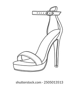 Frauen Stiletto High Heel Sandalen Plattform offene Zehe Knöchel Band Kleid Schuhe Linie Kunst, Technische Skizze Handzeichnung Umriss Vektor Doodle Illustration, isometrische Ansicht einzeln auf weißem Hintergrund