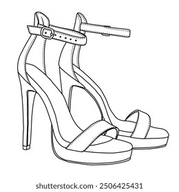 Frauen Stiletto High Heel Sandalen Plattform offene Zehe Knöchelriemen Kleid Schuhe Linie Kunst, Technische Skizze Handzeichnung Umriss Vektor Doodle Illustration, Seitenansicht einzeln auf weißem Hintergrund