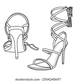 Damen Stiletto High Heeled Sandalen Strappy Open Toe Schuhe Linie Kunst, Technische Skizze Handzeichnung Umriss Vektor Doodle Illustration isometrisch und Rückansicht einzeln auf weißem Hintergrund