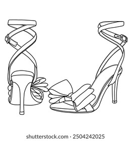 Women's Stiletto High Heeled Sandals Strappy Open Toe Bow Line art, Technical sketch hand drawing outline vector doodle illustration isometric and rear view isolated on white background