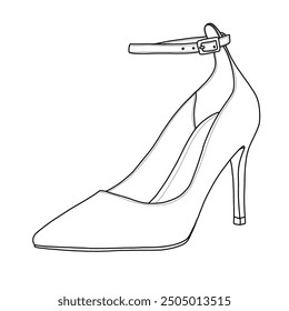 Frauen Stiletto High Heels Geschlossene Spitze Knöchel Strap Pumps Kleid Linie Kunst, Technische Skizze Handzeichnung Umriss Vektor Doodle Illustration, Seitenansicht einzeln auf weißem Hintergrund