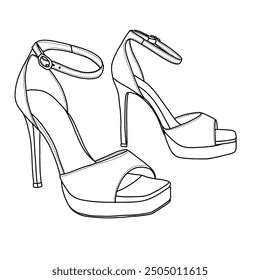 Damen Stiletto High Heels Plattform Knöchelriemen Quadrat Offene Zehe Sandalen Linie Kunst, Technische Skizze Handzeichnung Umriss Vektor Doodle Illustration, Seitenansicht einzeln auf weißem Hintergrund