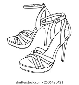 Women's Stilettos Open Toe Pump Heel Sandals line art, Technical sketch hand drawing outline vector doodle illustration,side view isolated on white background