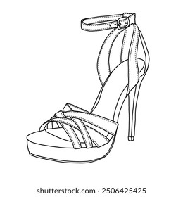 Women's  Stilettos Open Toe Pump Heel Sandals line art, Technical sketch hand drawing outline vector doodle illustration, isometric view isolated on white background