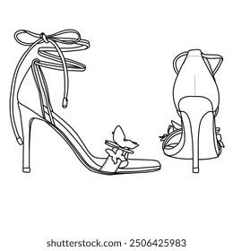 Women's Stilettos Open Toe Pump Heel Sandals line art, Technical sketch hand drawing outline vector doodle illustration side and rear view isolated on white background