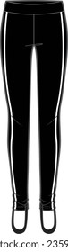 Women's Stirrup Side Binding Detail Leggings. Technical fashion illustration. Front, black color. Women's CAD mock-up.