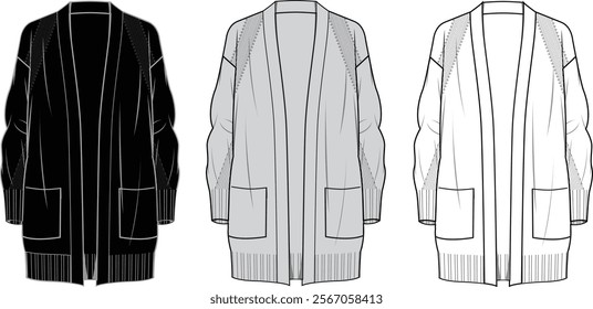 Women's Stitch Detail Cardigan. Technical fashion illustration. Front, white, black and grey color. Women's CAD mock-up.